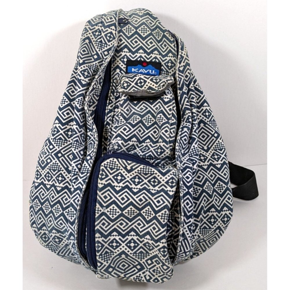 HTF Kavu Limited Edition Blue/White Geometric Design Rope Strap Bag/Sling Bag
